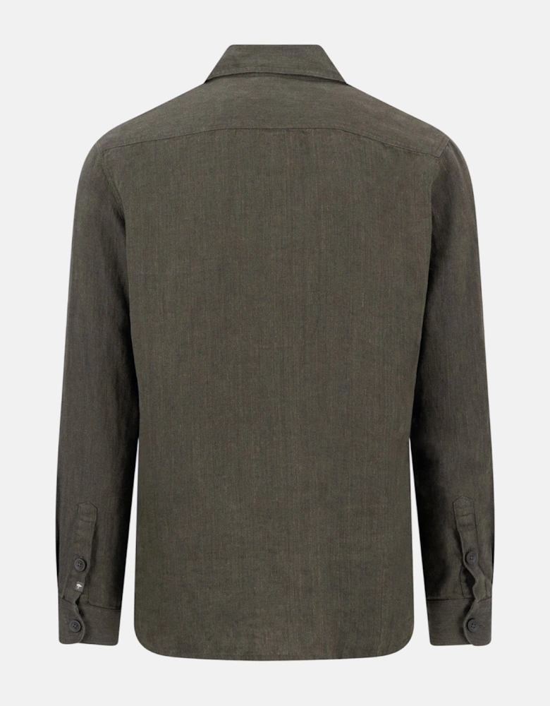 Patch Pocket Herringbone Linen Overshirt Dark Khaki