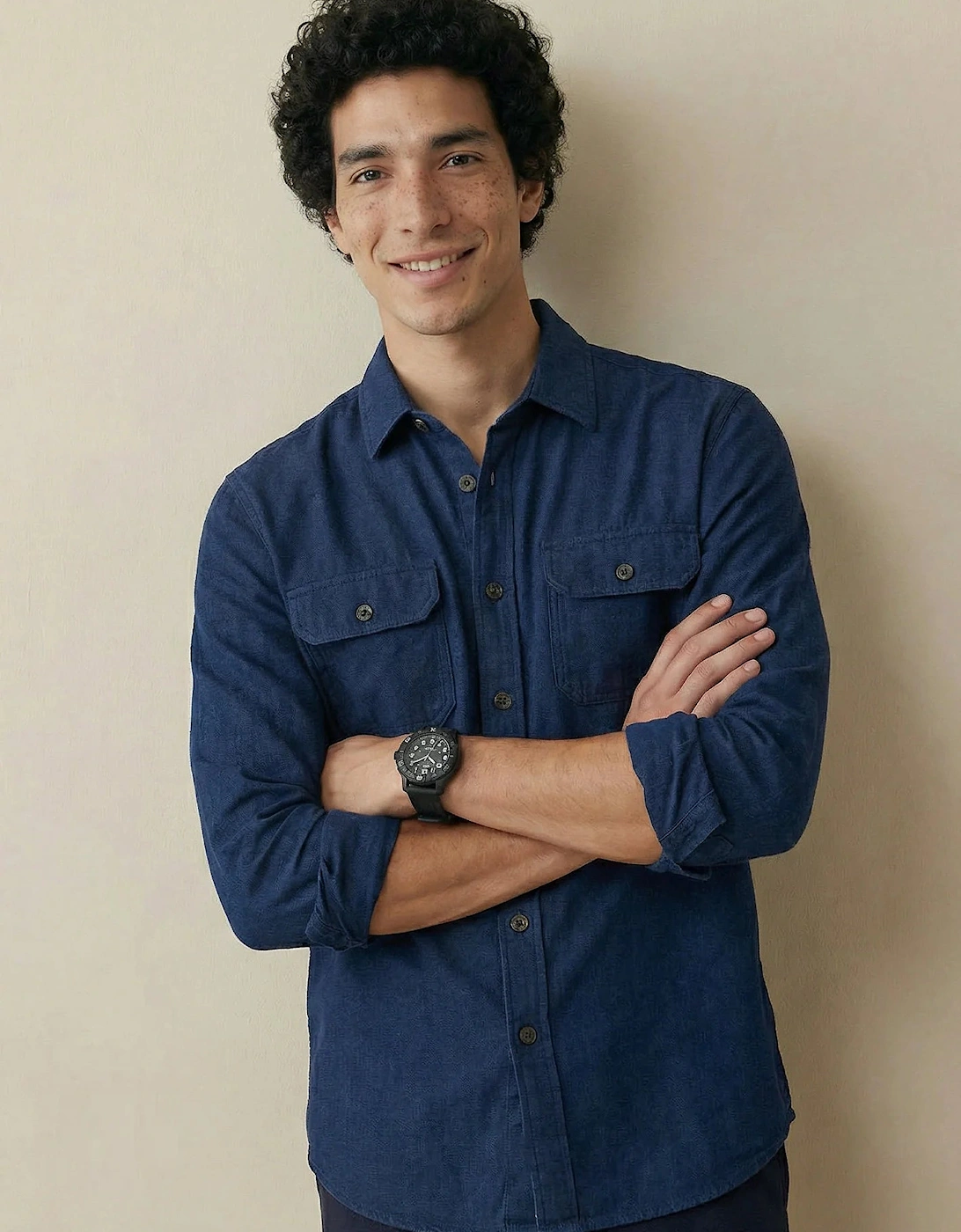 Patch Pocket Herringbone Linen Overshirt Navy