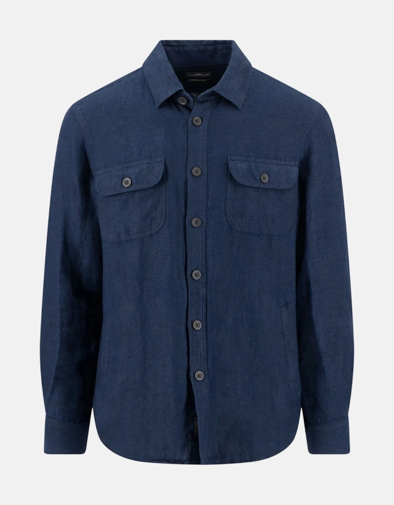 Patch Pocket Herringbone Linen Overshirt Navy