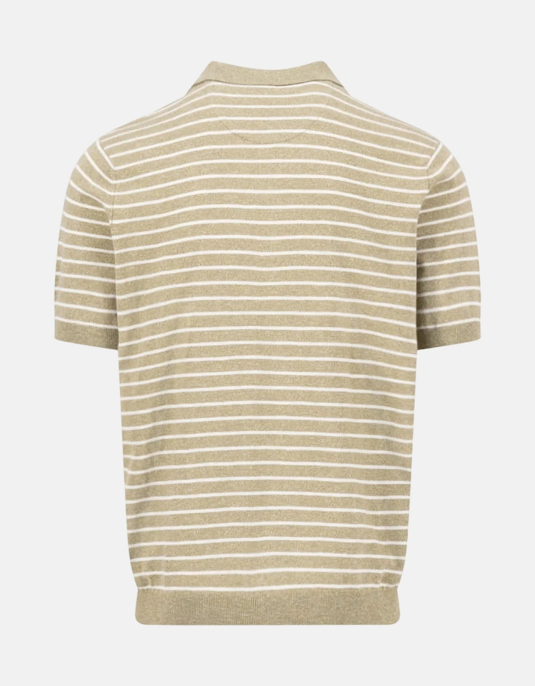 Striped Cotton Linen Fine Knit Polo Shirt Pistachio