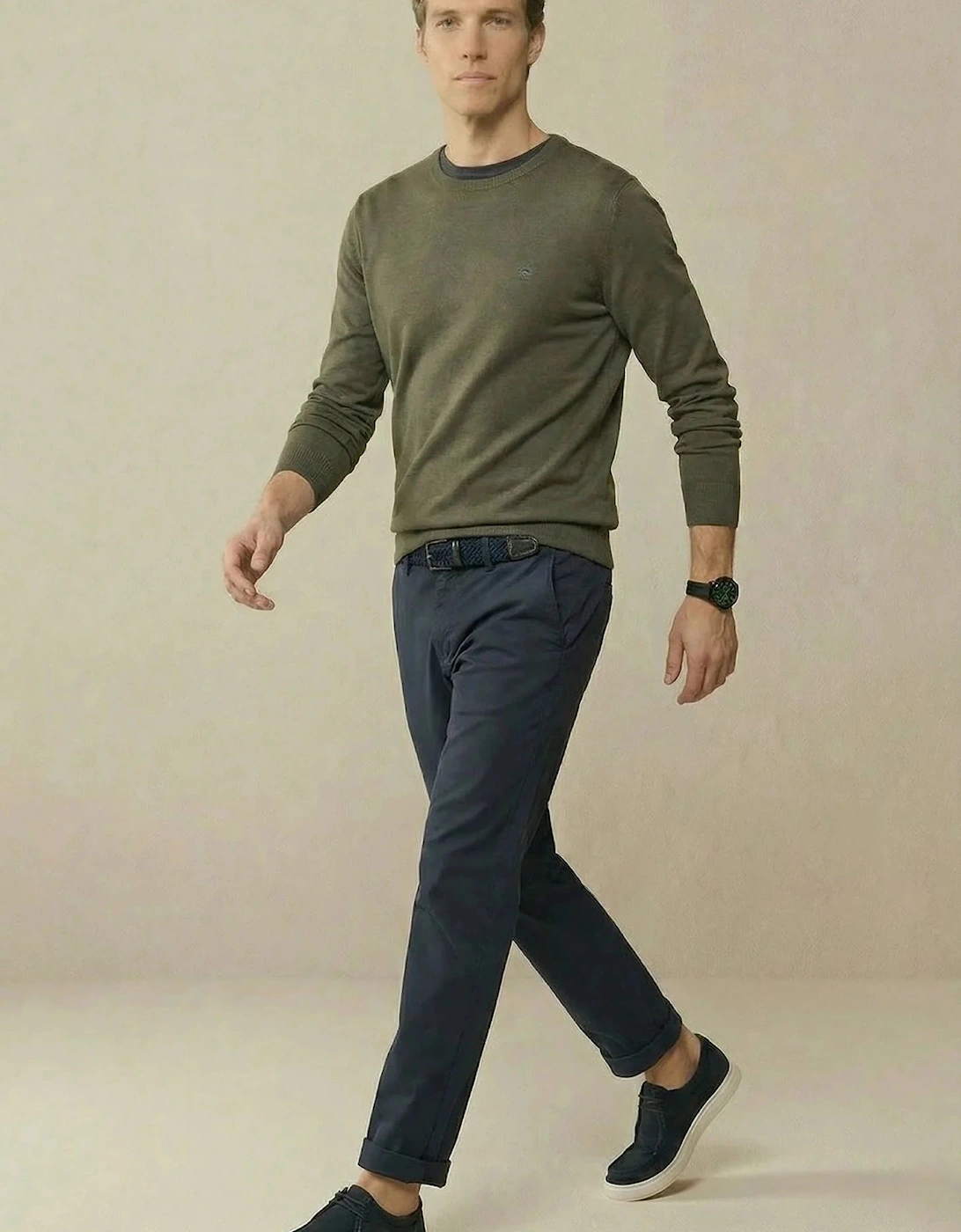 Fine Knit Cotton Crewneck Sweater Dark Khaki