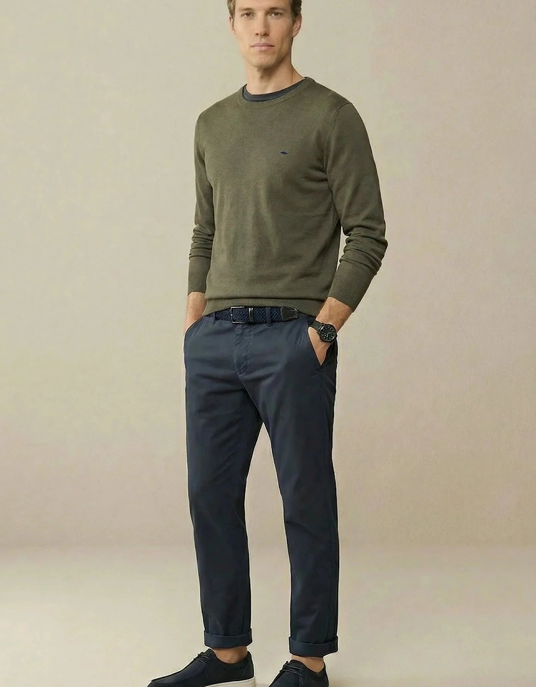 Fine Knit Cotton Crewneck Sweater Dark Khaki