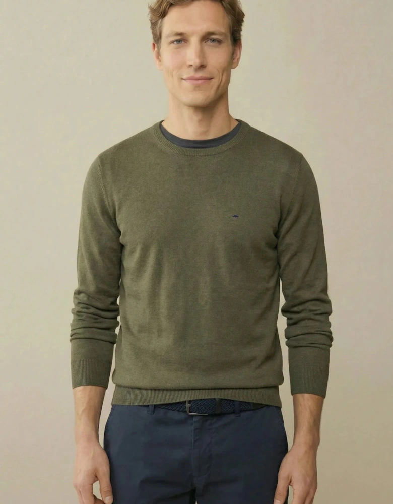 Fine Knit Cotton Crewneck Sweater Dark Khaki