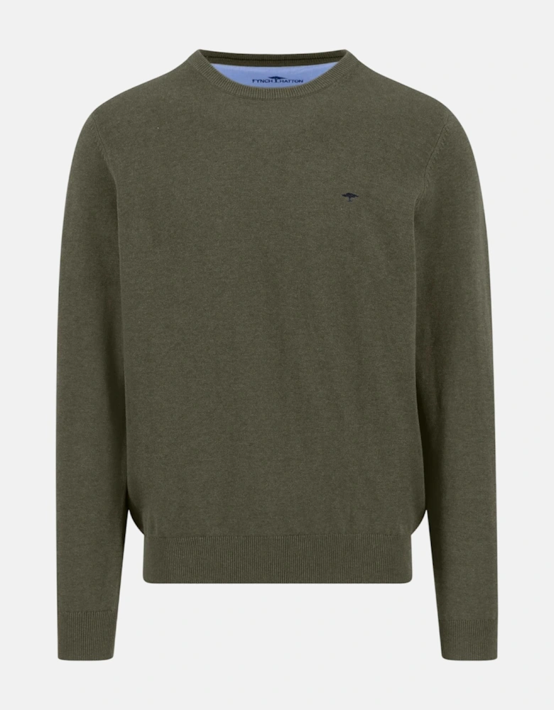 Fine Knit Cotton Crewneck Sweater Dark Khaki