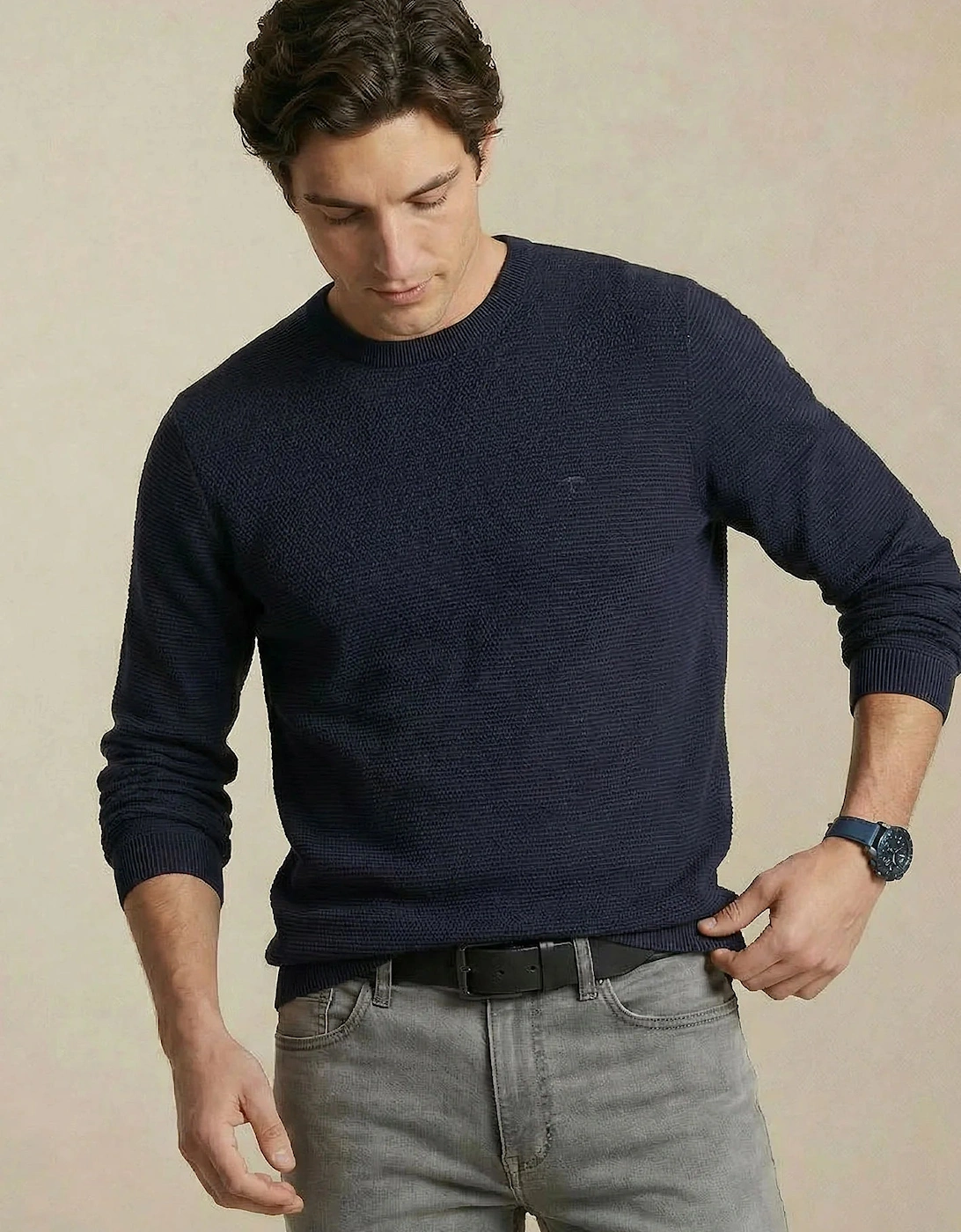 Fine Knit Air Cotton Crewneck Sweater Navy