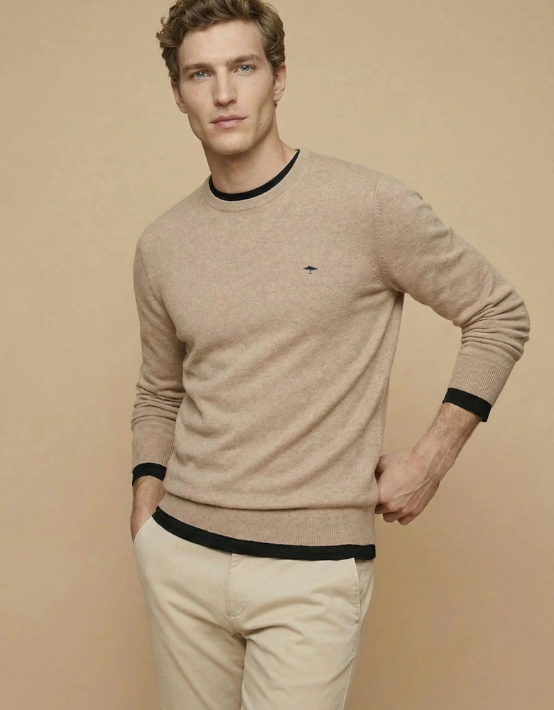 Fine Knit Cotton Crewneck Sweater Taupe