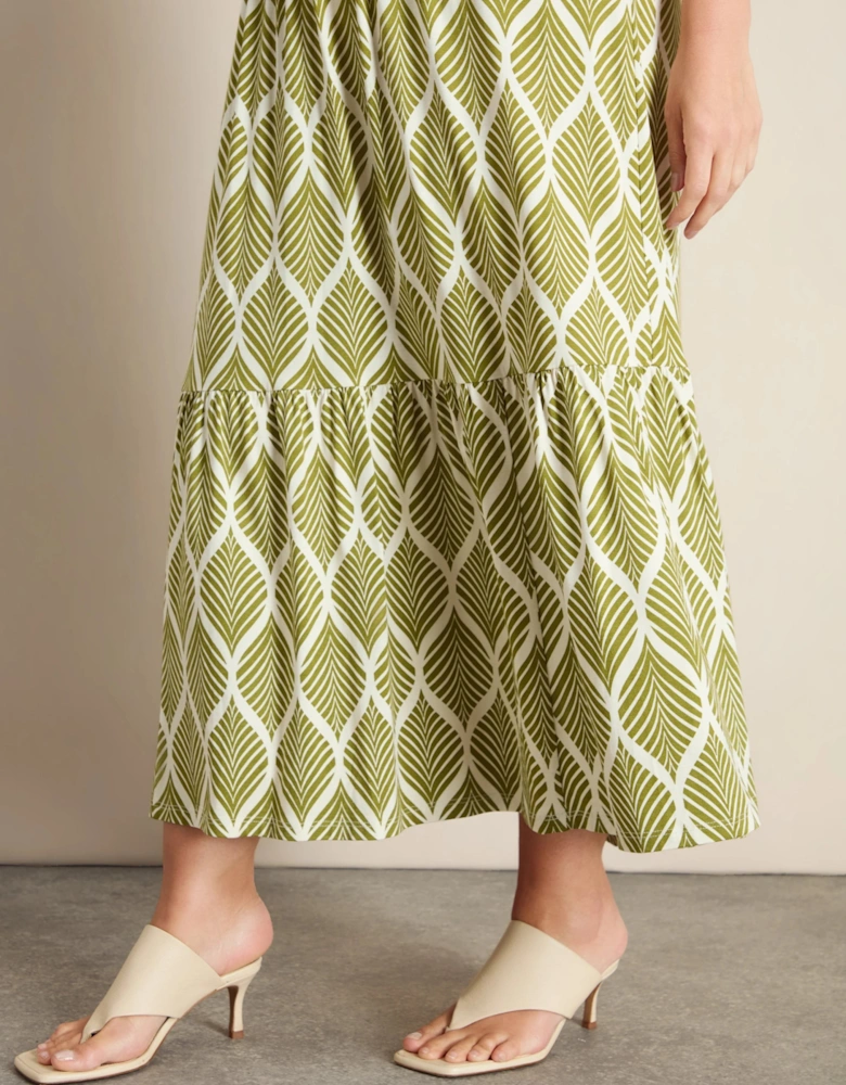 Chartreuse Print Nehru Collar Tiered Jersey Dress