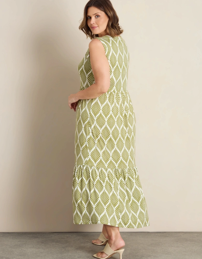 Chartreuse Print Nehru Collar Tiered Jersey Dress