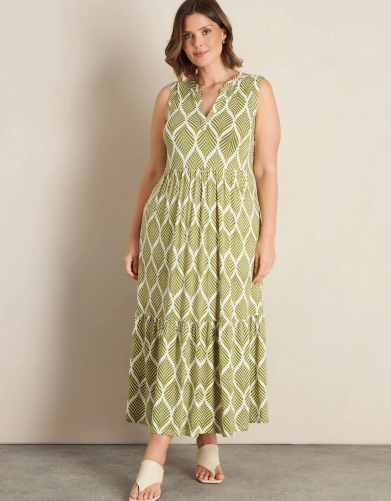 Chartreuse Print Nehru Collar Tiered Jersey Dress