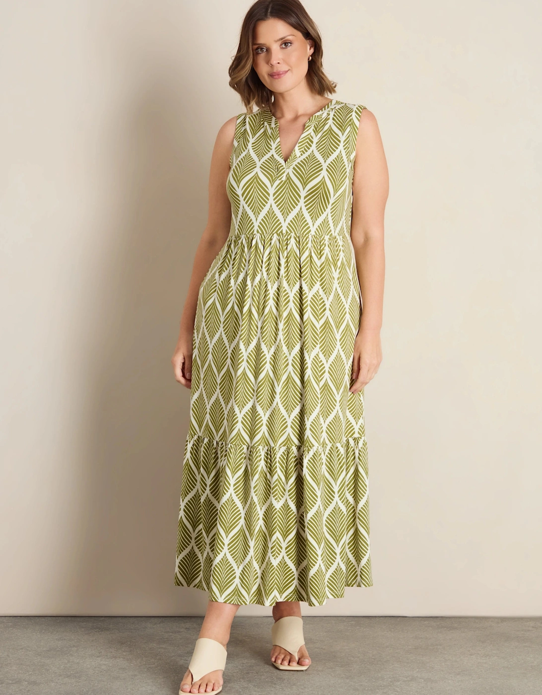 Chartreuse Print Nehru Collar Tiered Jersey Dress