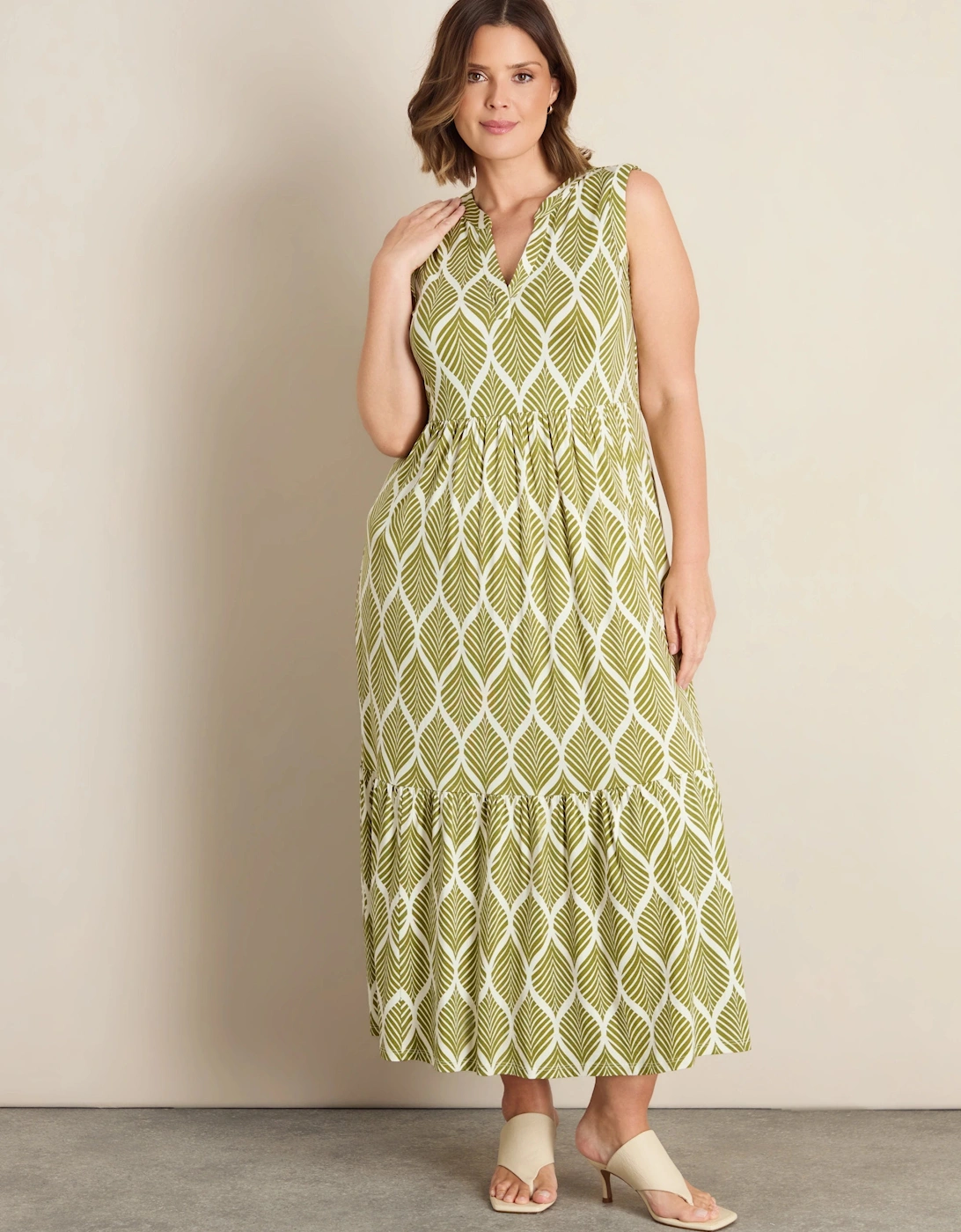 Chartreuse Print Nehru Collar Tiered Jersey Dress