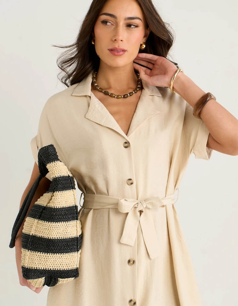 Beige Utility Belted Oversized Viscose Shirt Dress