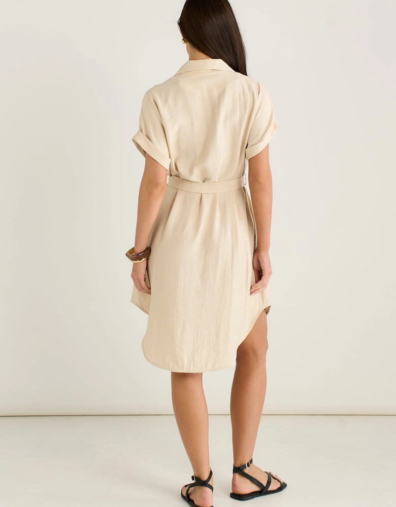 Beige Utility Belted Oversized Viscose Shirt Dress