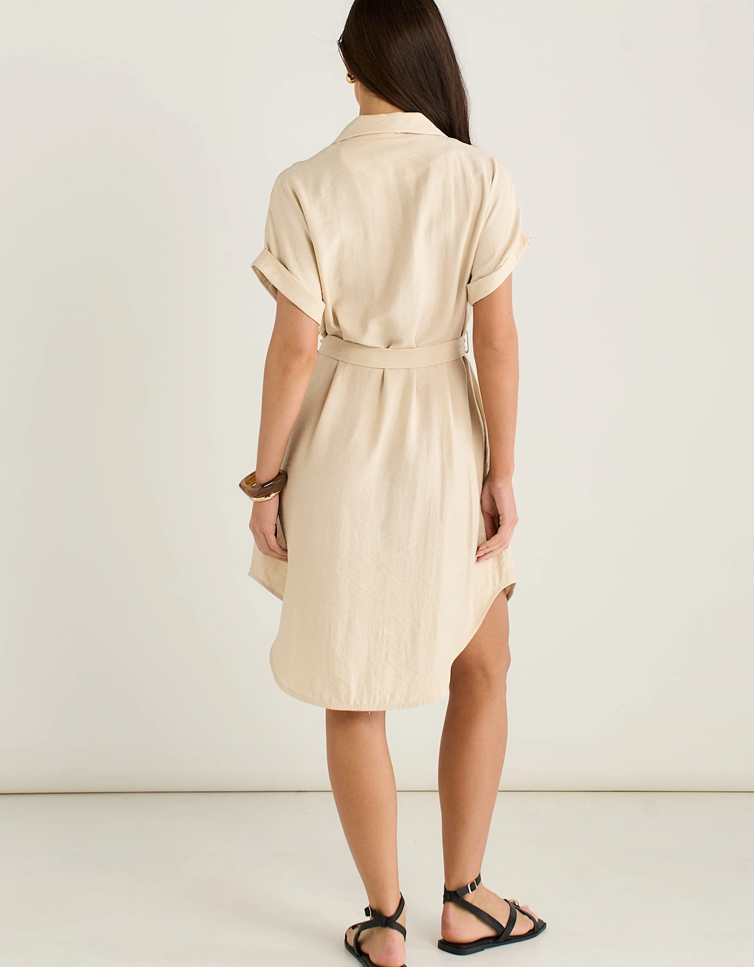 Beige Utility Belted Oversized Viscose Shirt Dress