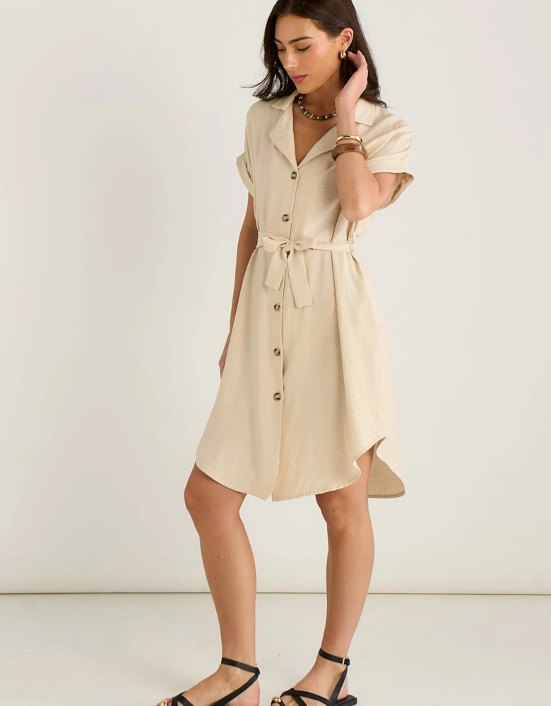 Beige Utility Belted Oversized Viscose Shirt Dress
