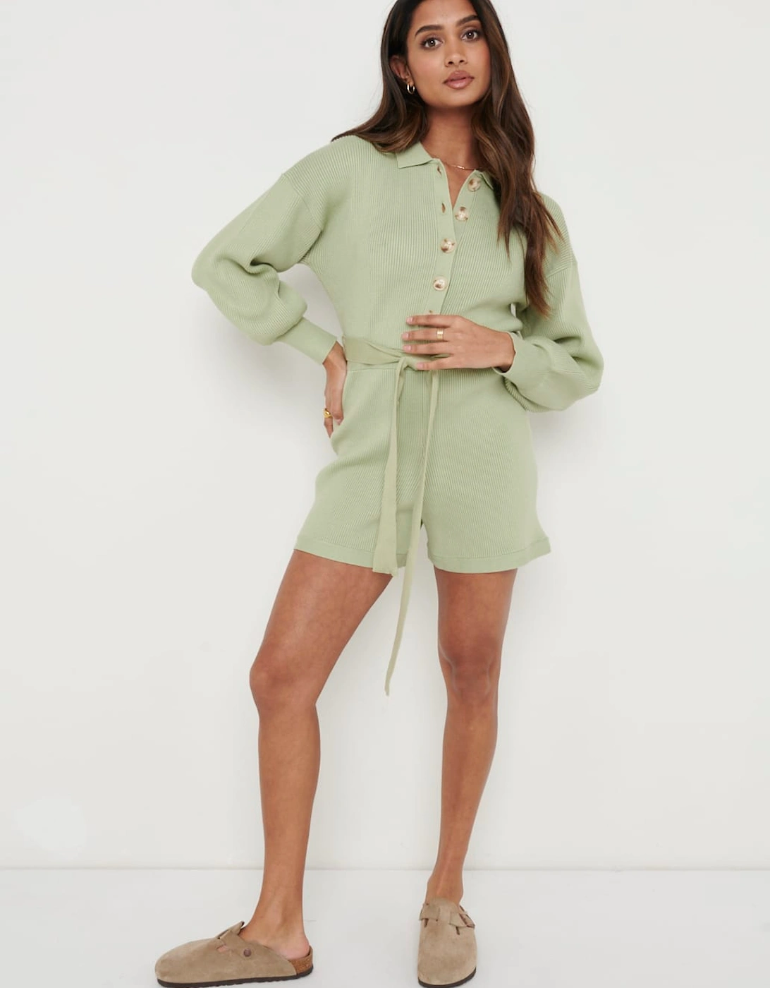 Darcie Balloon Sleeve Knit Playsuit - Olive Green