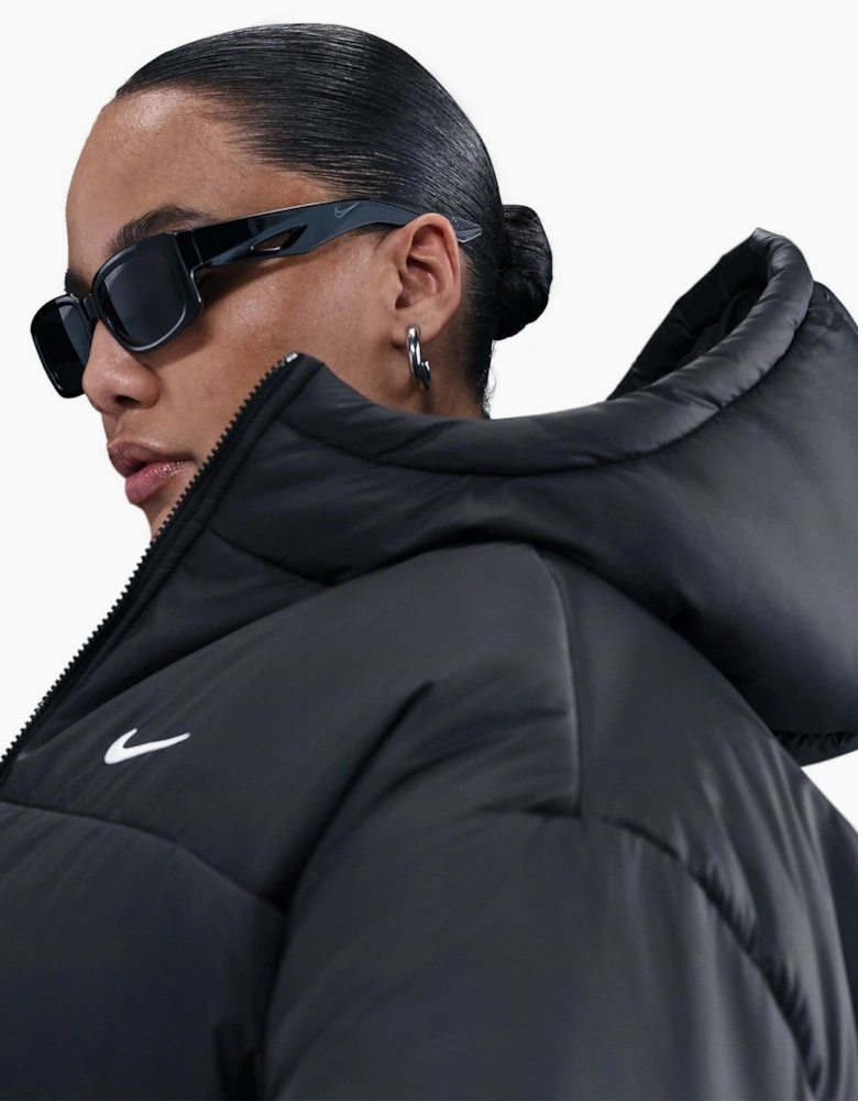 Solid Patterned Hooded Woven Cuff Puffer Parka Coat