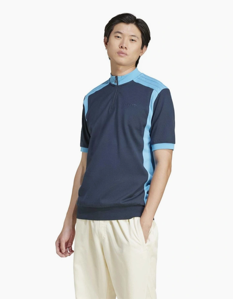 Mock Neck Zip Band Collar Short Sleeve Top