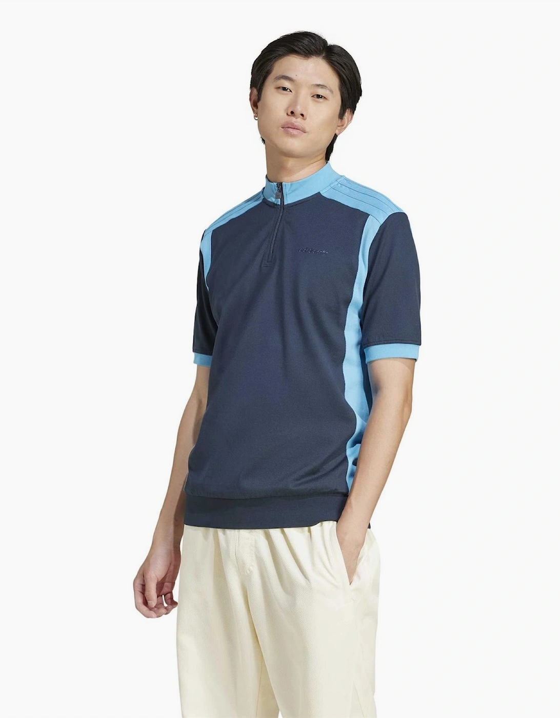 Mock Neck Zip Band Collar Short Sleeve Top