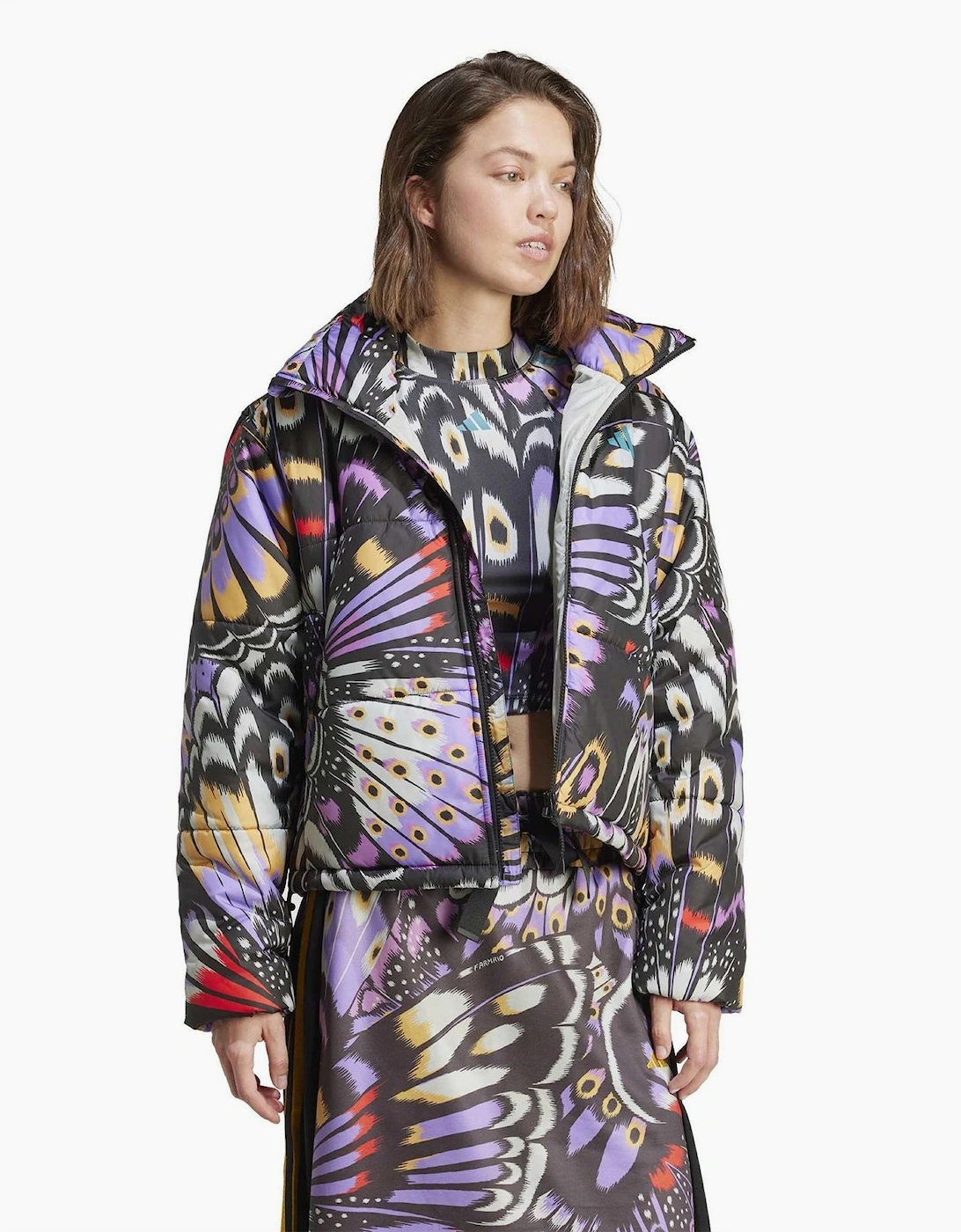 Farm Butterfly Patterned Drawstring Puffer Coat