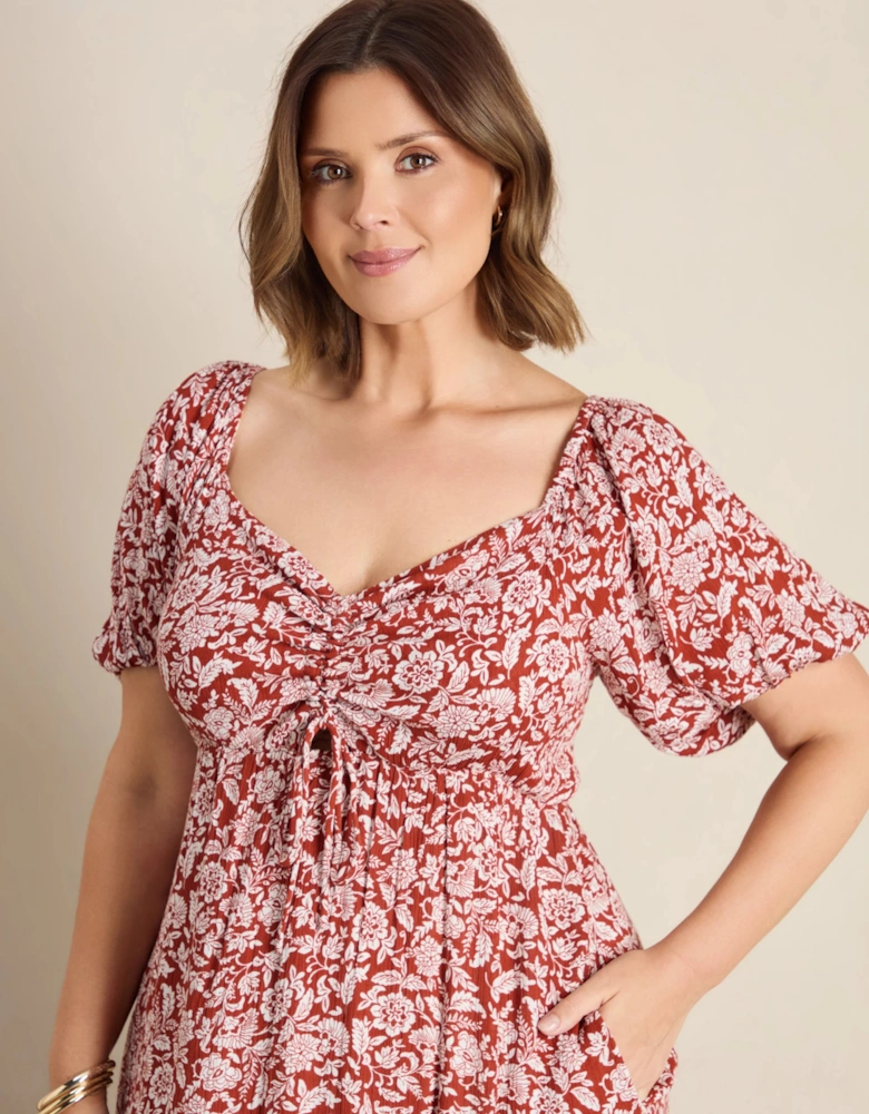 Rust Floral Print Crinkle Puff Sleeve Midaxi Dress