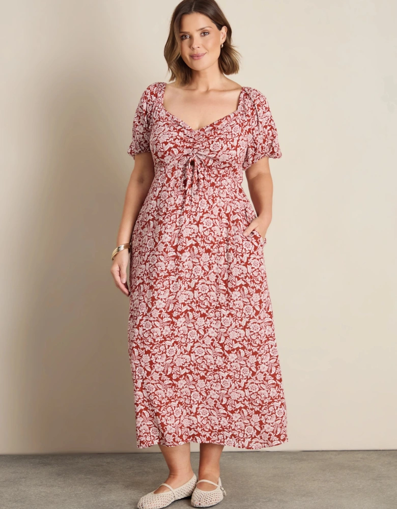 Rust Floral Print Crinkle Puff Sleeve Midaxi Dress