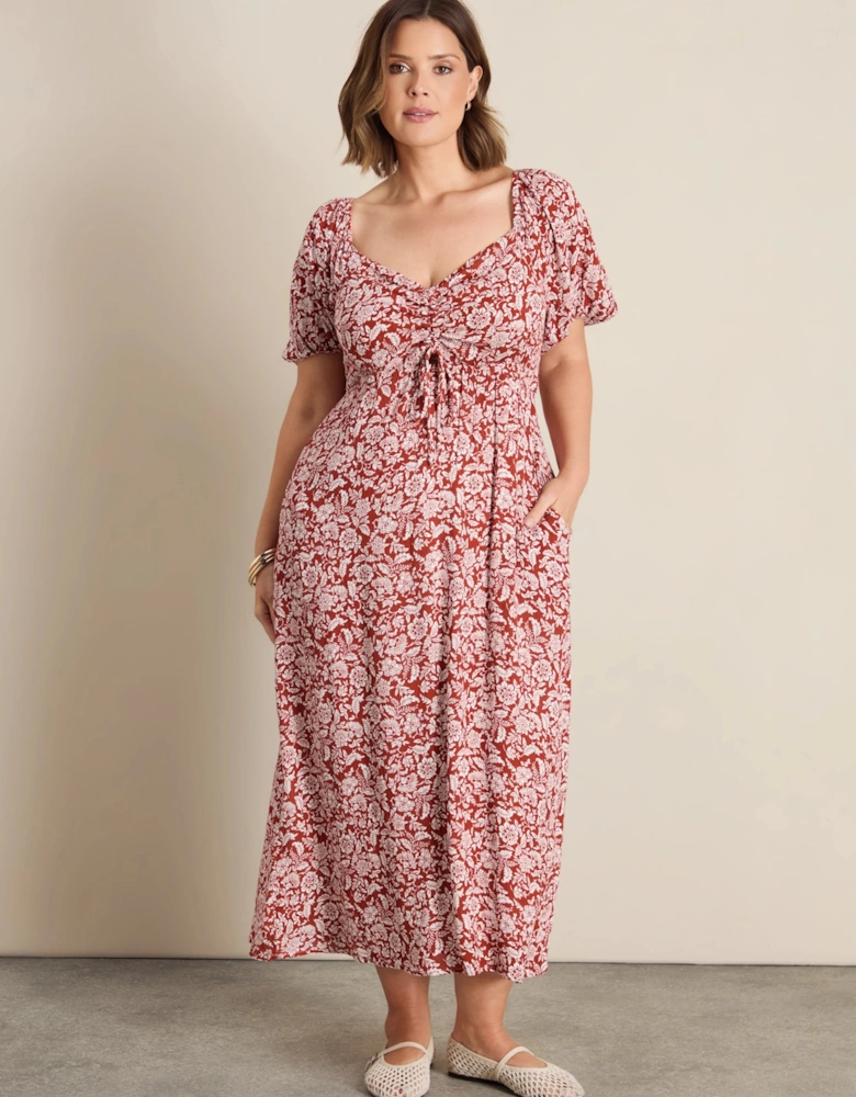 Rust Floral Print Crinkle Puff Sleeve Midaxi Dress