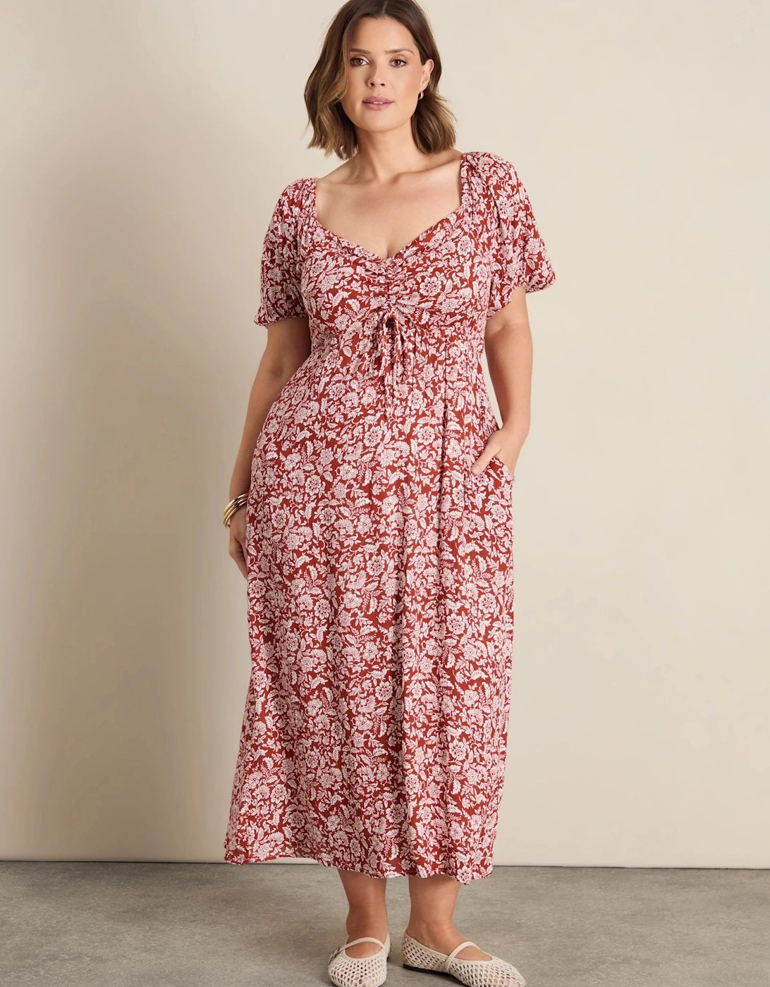 Rust Floral Print Crinkle Puff Sleeve Midaxi Dress