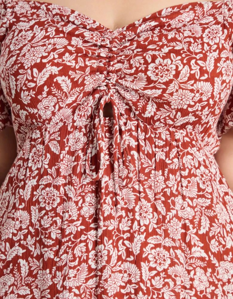 Rust Floral Print Crinkle Puff Sleeve Midaxi Dress