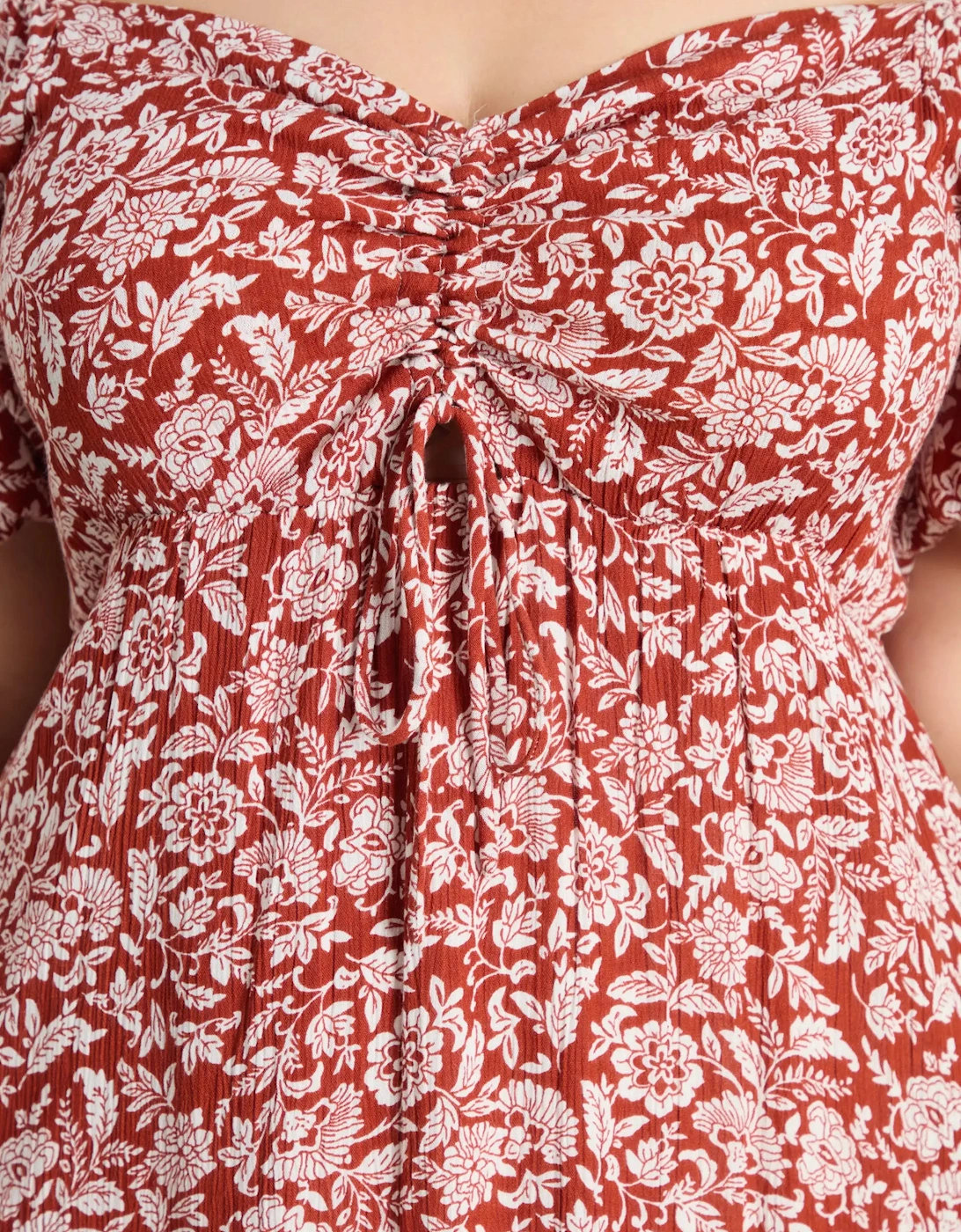 Rust Floral Print Crinkle Puff Sleeve Midaxi Dress