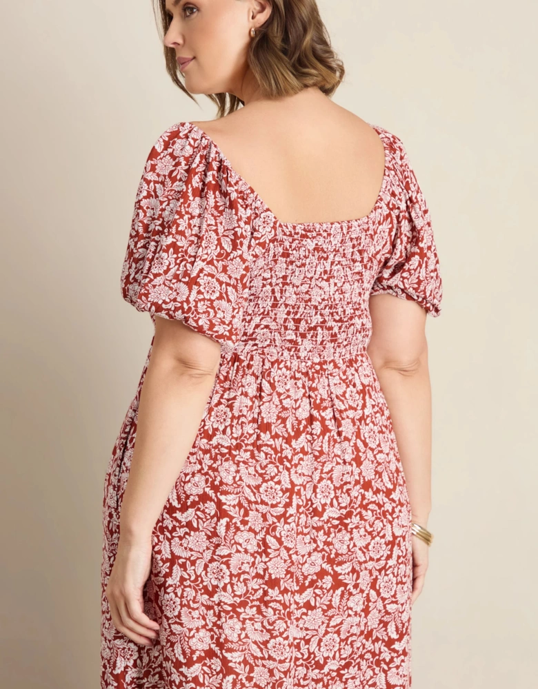 Rust Floral Print Crinkle Puff Sleeve Midaxi Dress