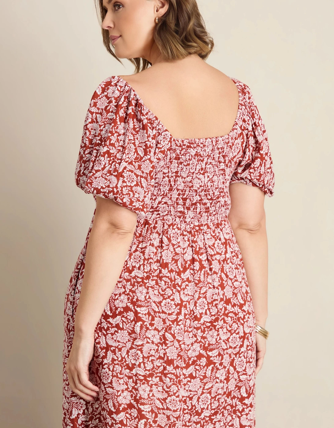 Rust Floral Print Crinkle Puff Sleeve Midaxi Dress