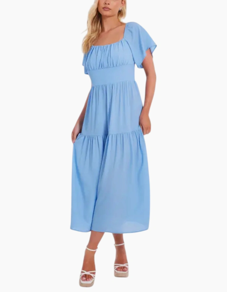 Quiz Women's Midaxi Midi Dress Light Blue Scoop Neck Short Sleeve Casual Summer