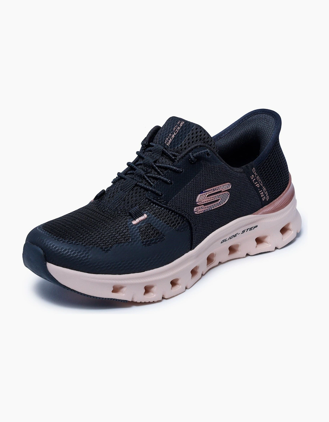 Skechers Glide-Step Pro Radiant Stride Womens Black Mesh/Rose Gold Trim Trainers