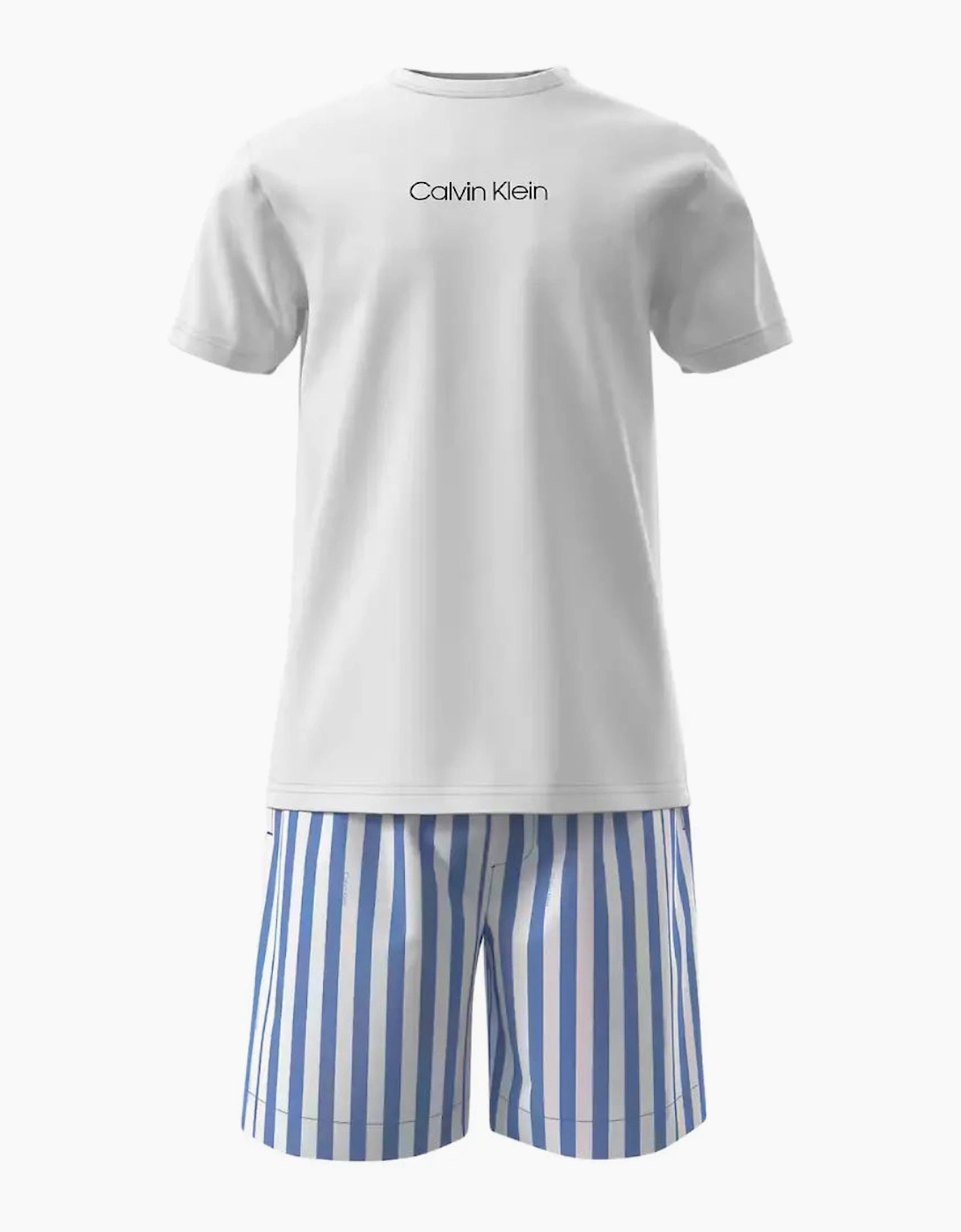 Calvin Klein Men's Blue T-Shirt & Poplin Stripe Shorts Pyjama Set, White/ - Size: 37/36/32