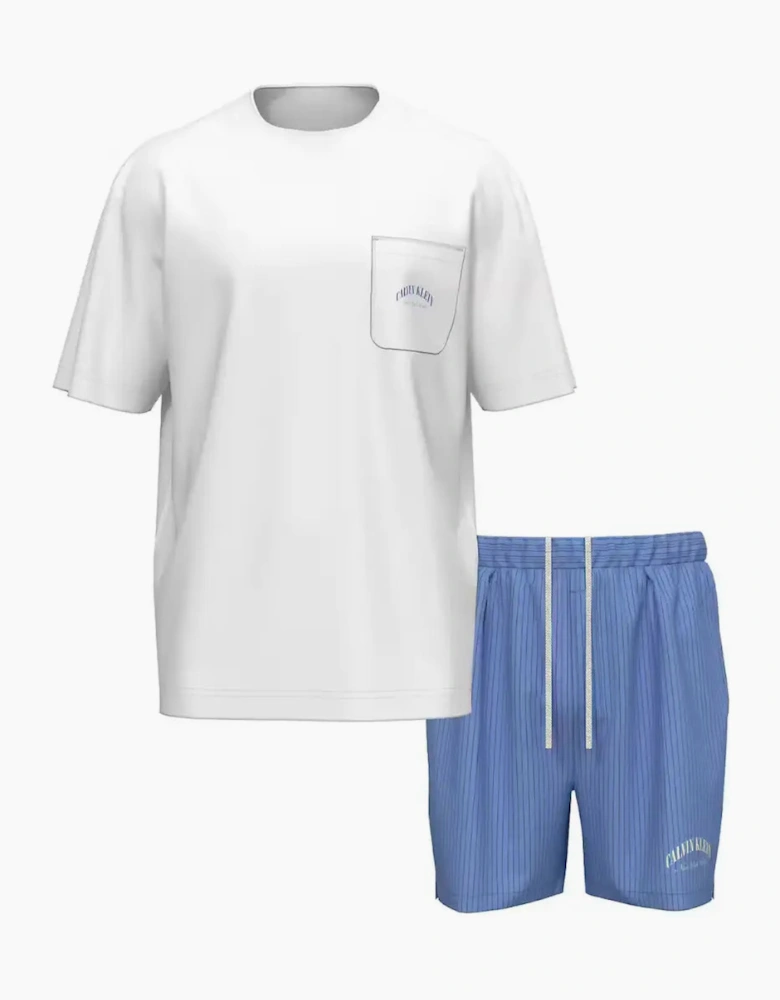 Heritage Crest T-Shirt & Woven Shorts Pyjama Set, White/Blue