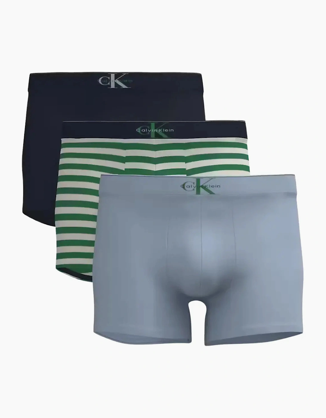 3-Pack CK Archive Stripe Boxer Trunks, Black/Green/Silver