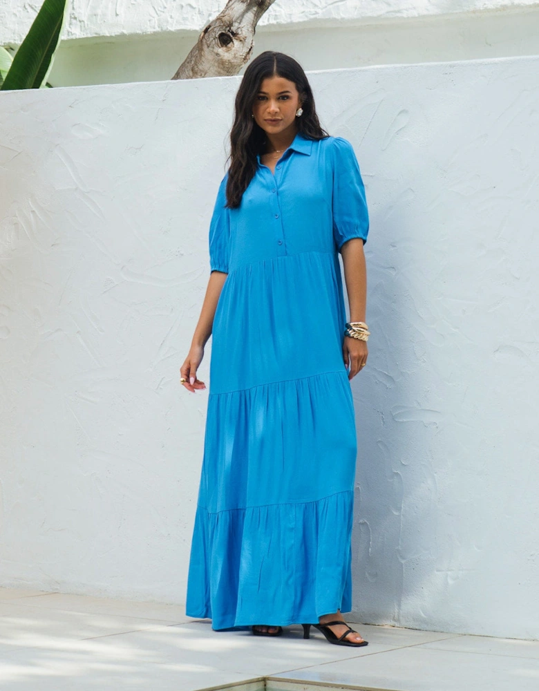 Blue Button Through Skater Maxi Dress