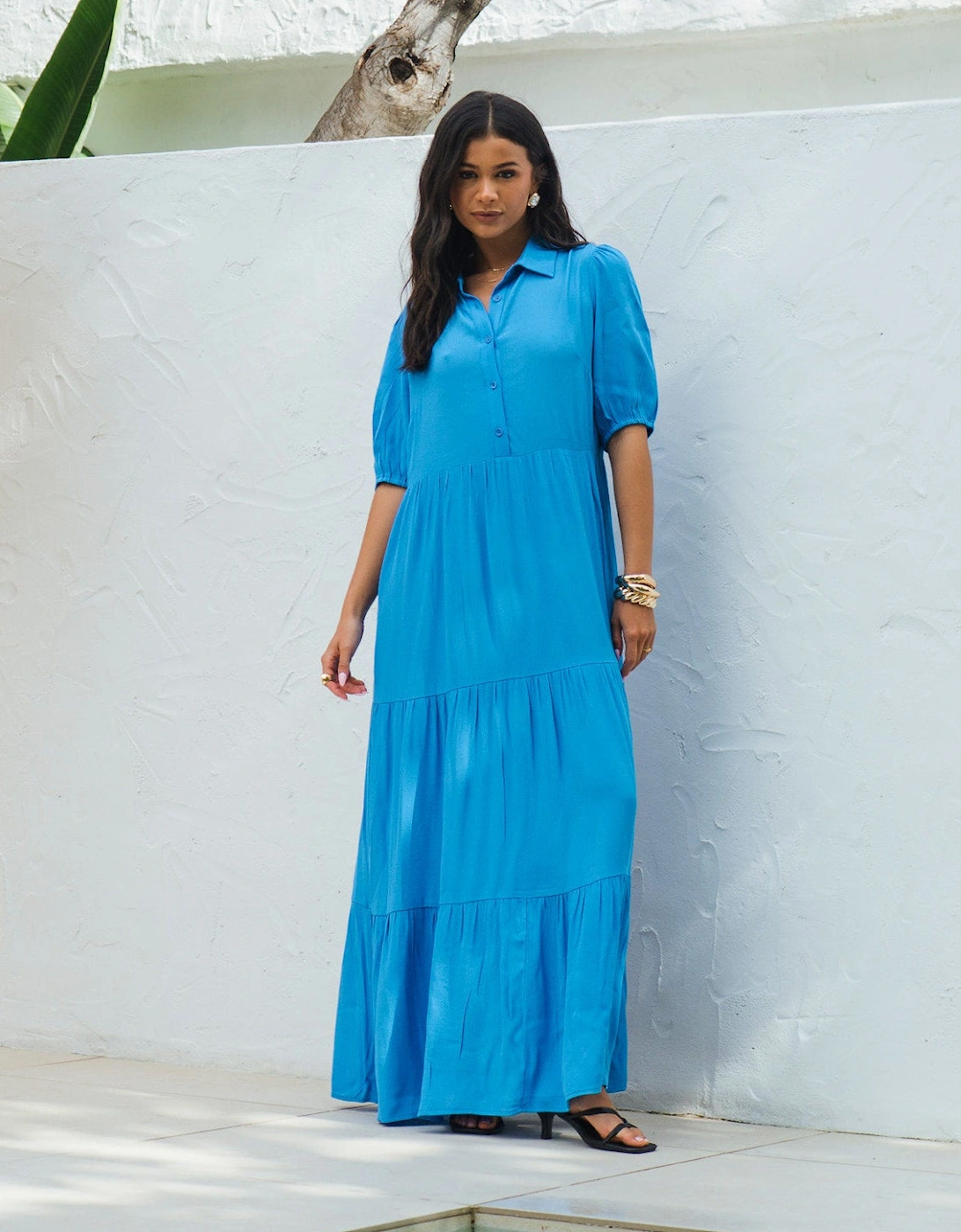 Blue Button Through Skater Maxi Dress