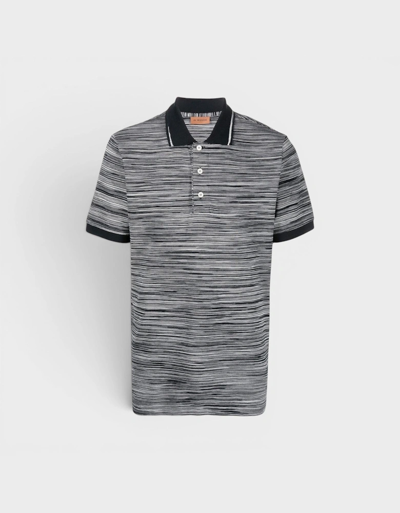 Striped Contrast Collar Polo Shirt Space Dyed Black White