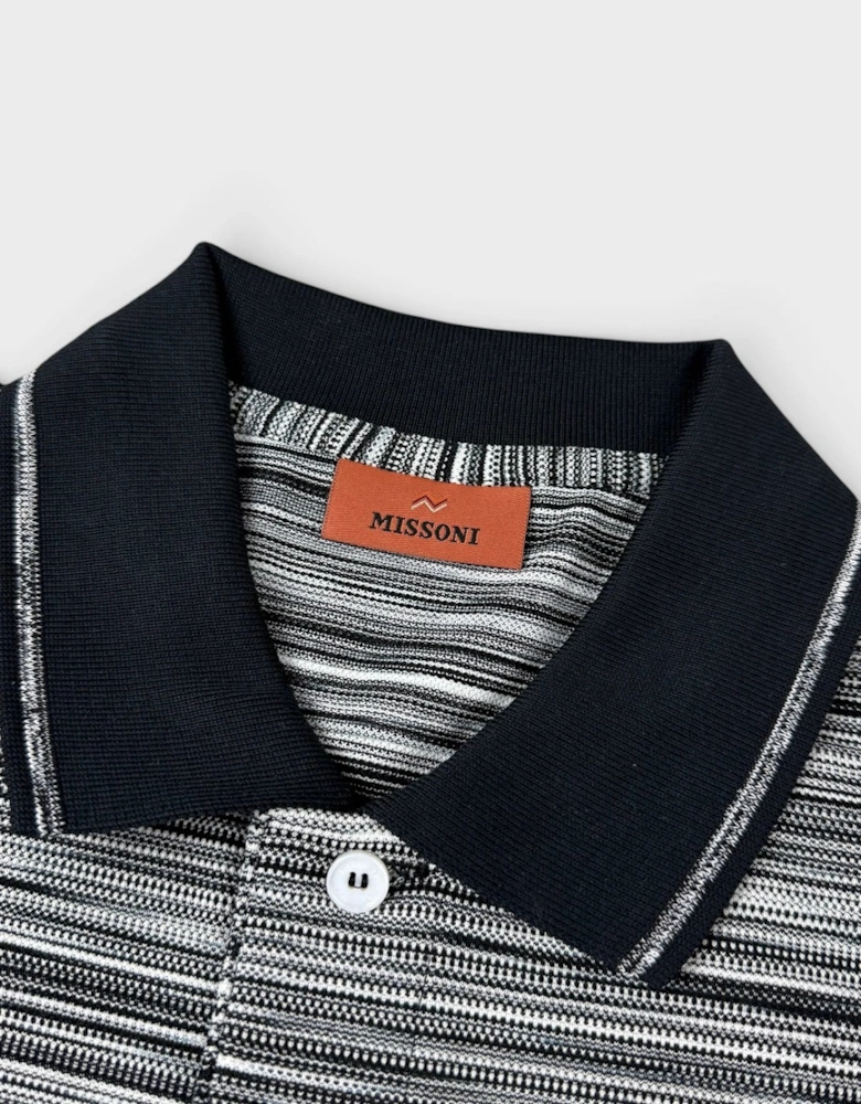 Striped Contrast Collar Polo Shirt Space Dyed Black White