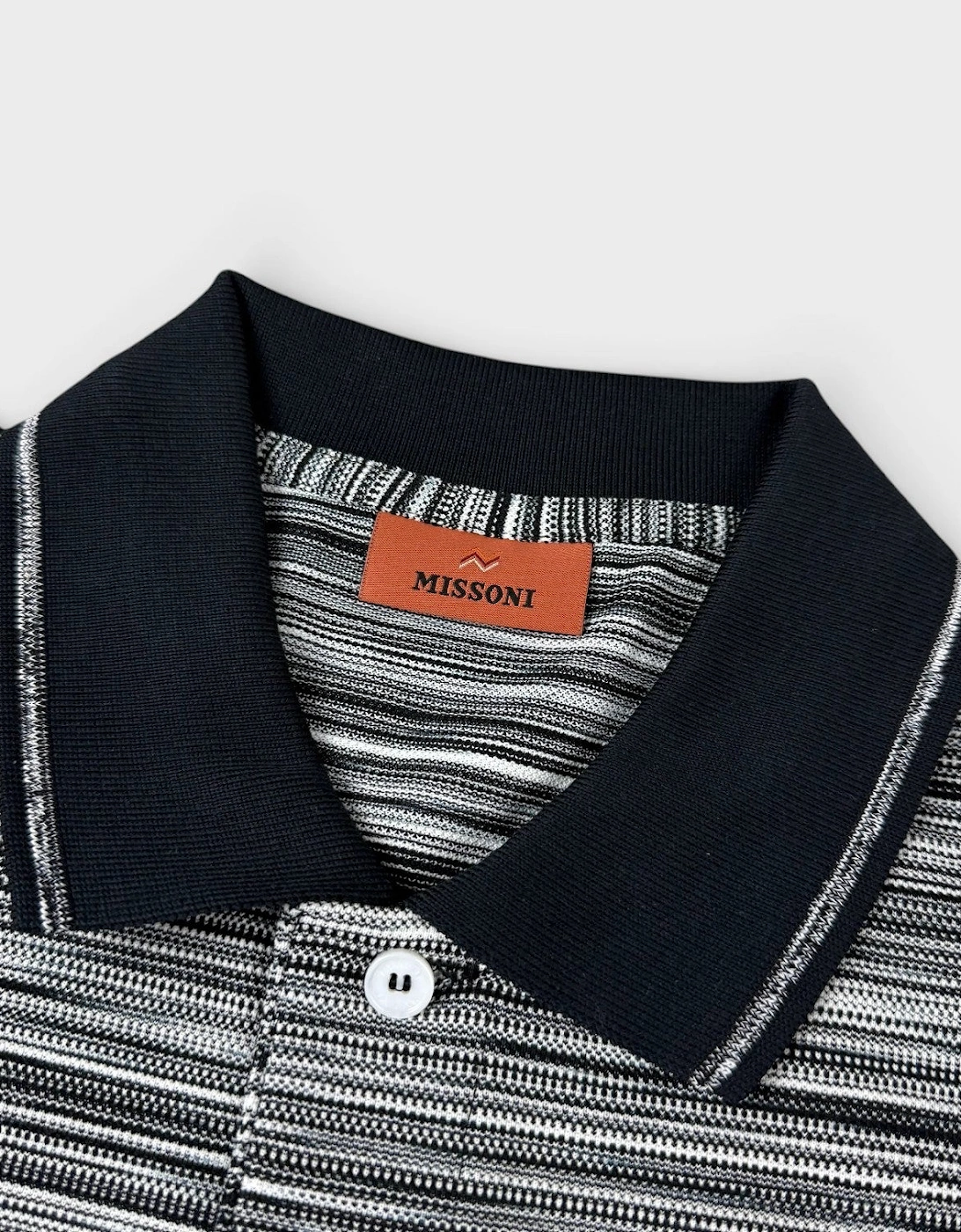 Striped Contrast Collar Polo Shirt Space Dyed Black White