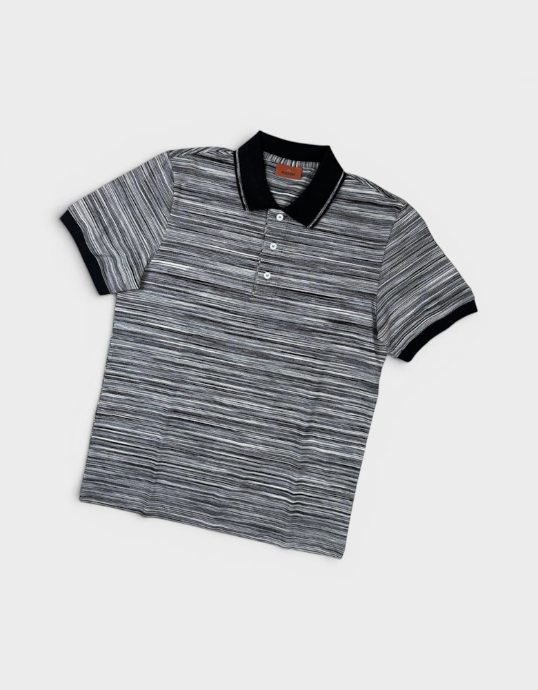 Striped Contrast Collar Polo Shirt Space Dyed Black White