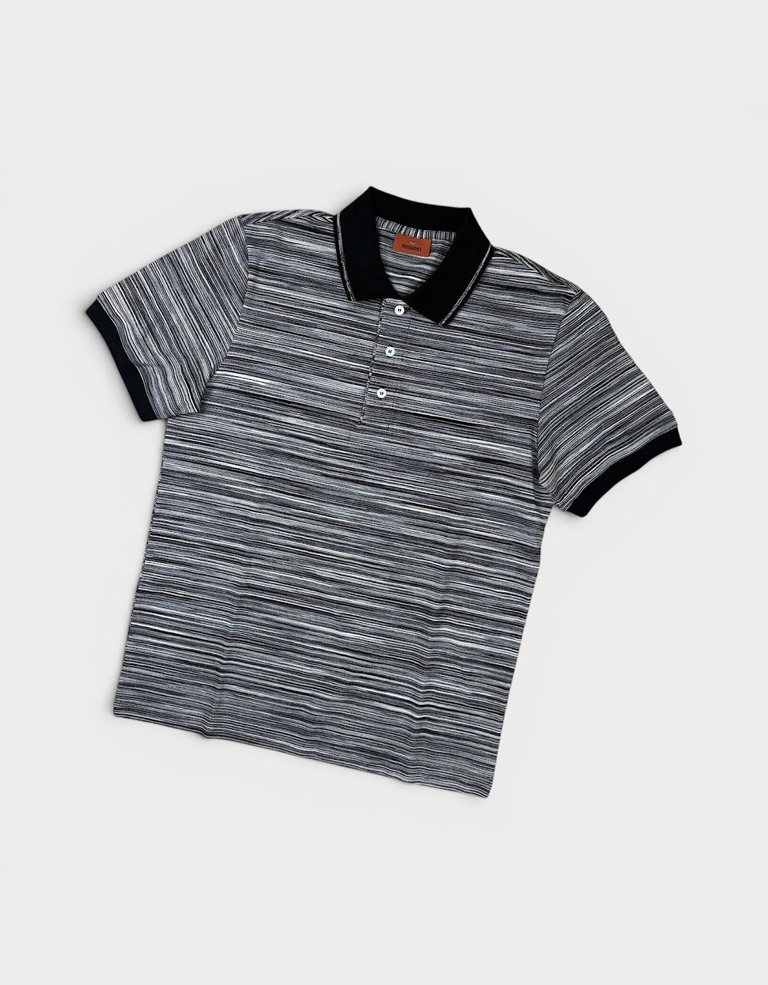 Striped Contrast Collar Polo Shirt Space Dyed Black White