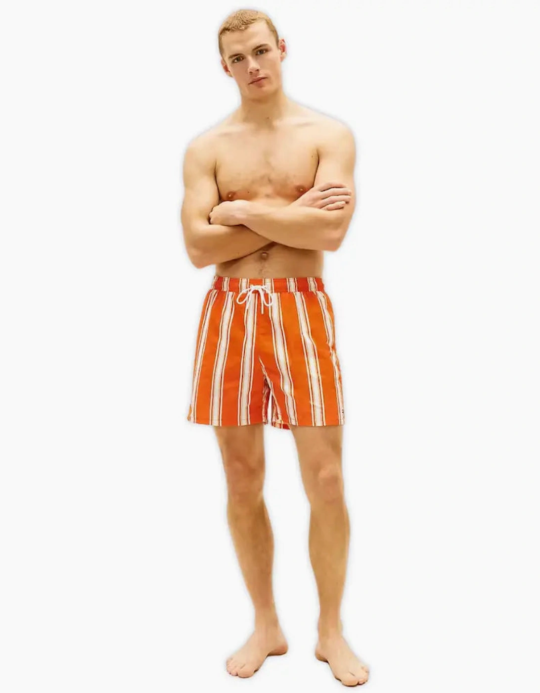 Sunset Stripe Print Swim Shorts, Brilliant Orange