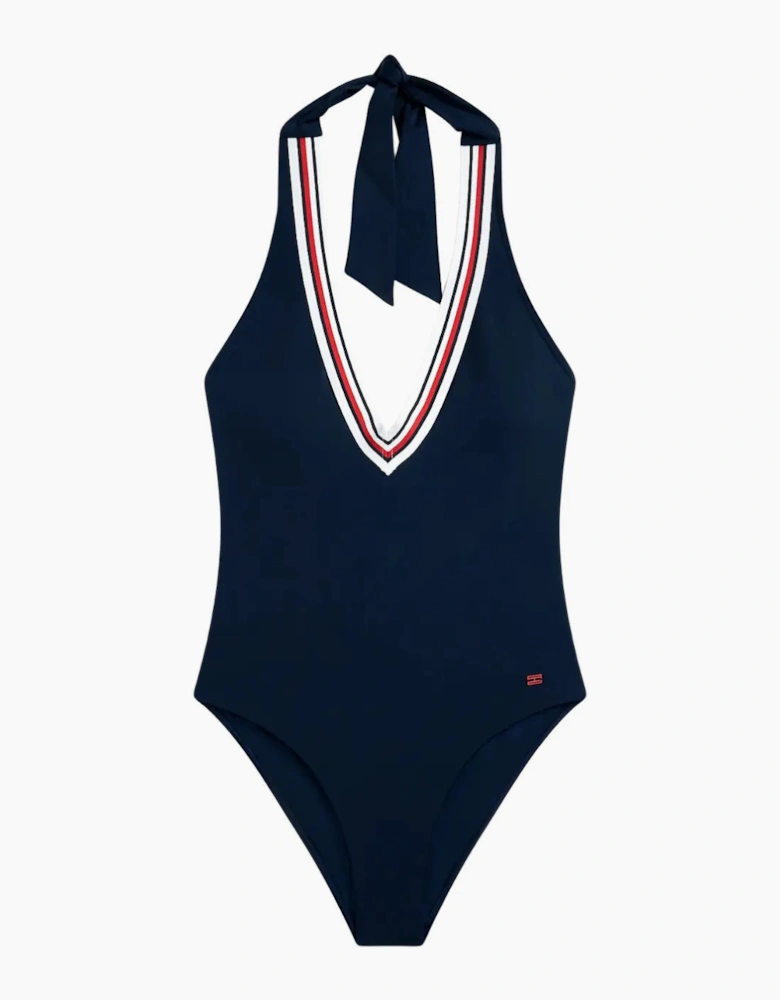 Global Stripe Halterneck Swimsuit, Dark Night Navy