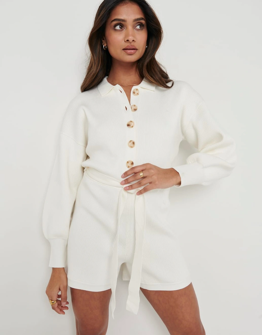Darcie Balloon Sleeve Knit Playsuit - Cream