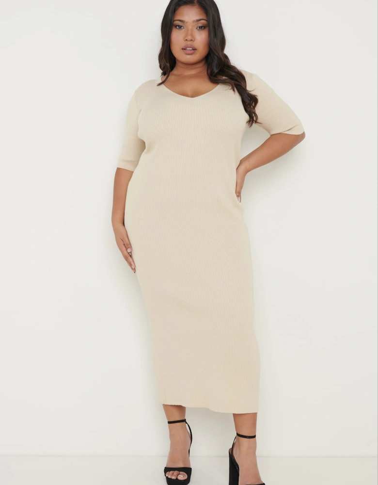 Lara Ribbed Midi Dress - Beige