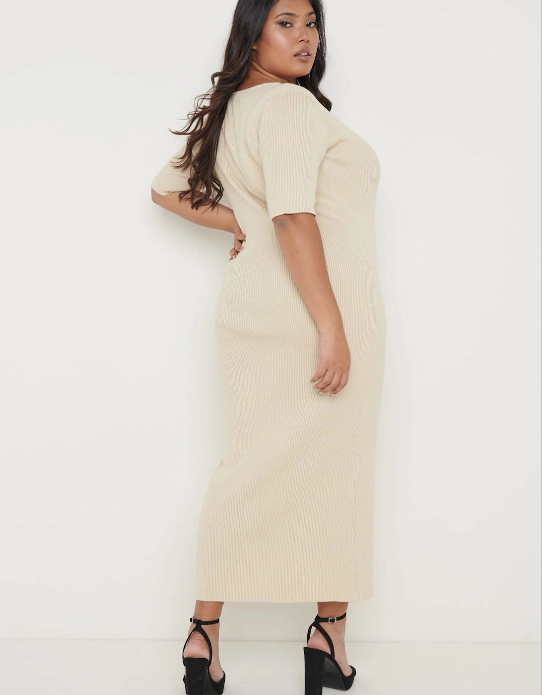 Lara Ribbed Midi Dress - Beige
