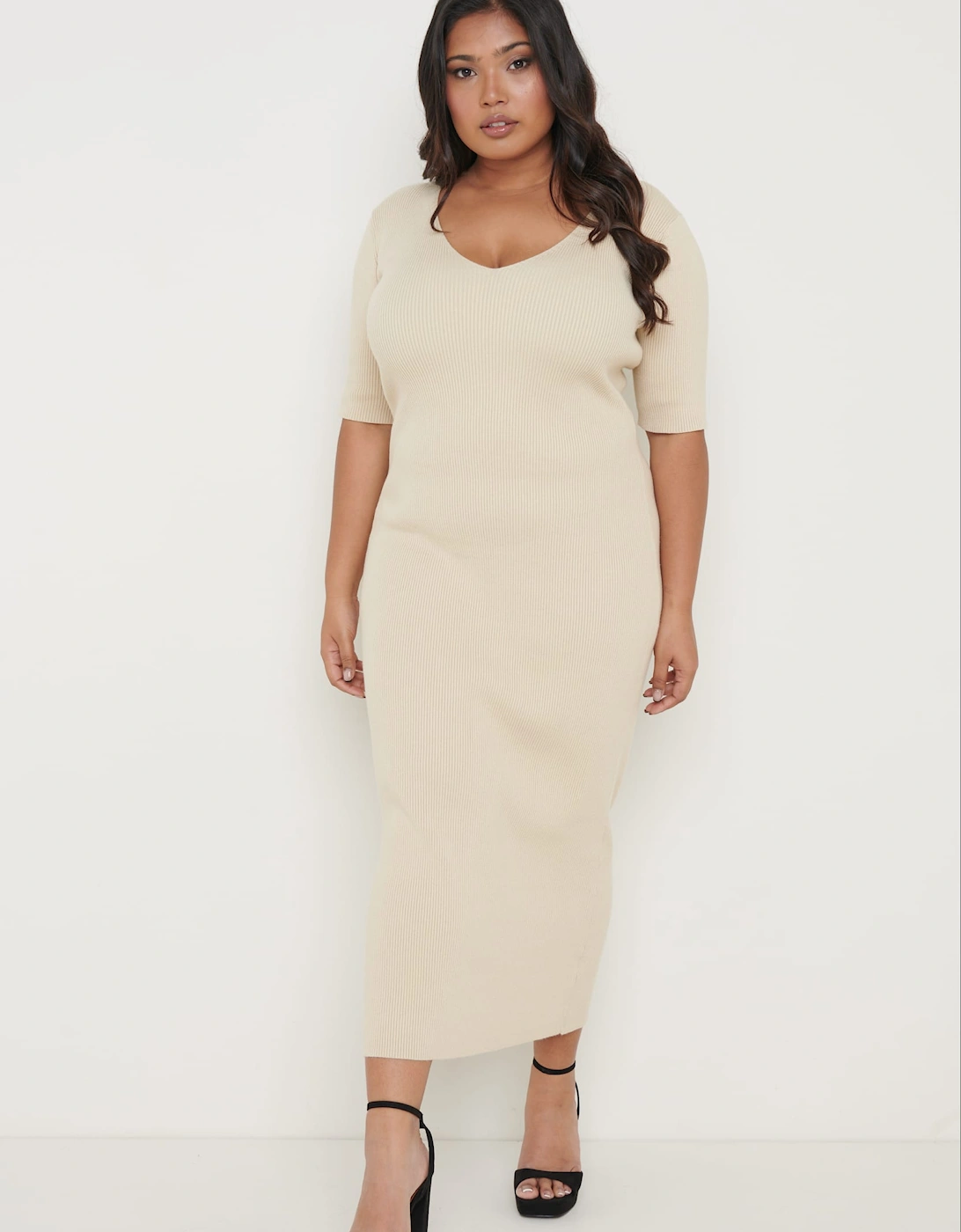 Lara Ribbed Midi Dress - Beige